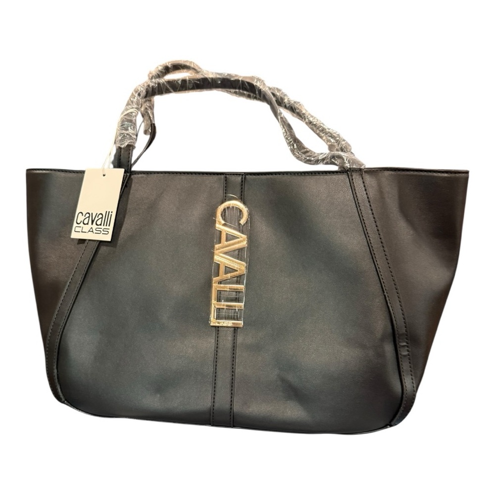 Cavalli Class Sandra Shopper Tote Black Onyx NWT Gold Logo MSRP $118